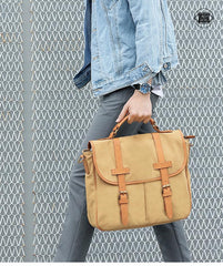 Khaki Canvas Leather Mens Casual Briefcase Shoulder Bag Messenger Bags Casual Courier Bags for Men