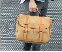 Khaki Canvas Leather Mens Casual Briefcase Shoulder Bag Messenger Bags Casual Courier Bags for Men