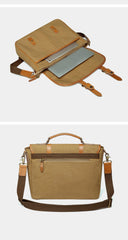 Khaki Canvas Leather Mens Casual Briefcase Shoulder Bag Messenger Bags Casual Courier Bags for Men