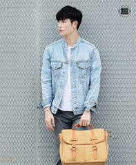 Khaki Canvas Leather Mens Casual Briefcase Shoulder Bag Messenger Bags Casual Courier Bags for Men