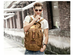 Khaki CANVAS Barrel MENS 20'' Bucket BACKPACK Brown Travel Backpack Khaki One Shoulder Hiking Bag For Men FOR MEN - imessengerbags