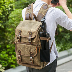 Khaki CANVAS WATERPROOF MENS 15'' CANON CAMERA BACKPACK LARGE NIKON CAMERA BAG DSLR CAMERA BAG FOR MEN - imessengerbags