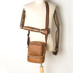 Cool Khaki Leather 10 inches Vertical Side Bag Messenger Bag Tan Courier Bag for Men - imessengerbags