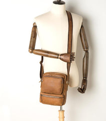 Cool Khaki Leather 10 inches Vertical Side Bag Messenger Bag Tan Courier Bag for Men - imessengerbags