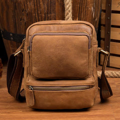 Cool Khaki Leather 10 inches Vertical Side Bag Messenger Bag Tan Courier Bag for Men - imessengerbags