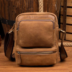 Cool Khaki Leather 10 inches Vertical Side Bag Messenger Bag Tan Courier Bag for Men