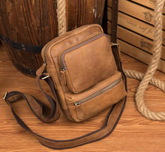Cool Khaki Leather 10 inches Vertical Side Bag Messenger Bag Tan Courier Bag for Men - imessengerbags
