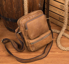 Cool Khaki Leather 10 inches Vertical Side Bag Messenger Bag Tan Courier Bag for Men