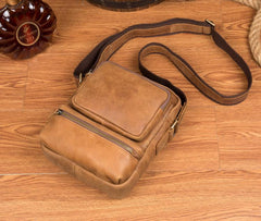 Cool Khaki Leather 10 inches Vertical Side Bag Messenger Bag Tan Courier Bag for Men - imessengerbags