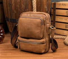 Cool Khaki Leather 10 inches Vertical Side Bag Messenger Bag Tan Courier Bag for Men