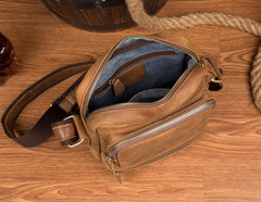 Cool Khaki Leather 10 inches Vertical Side Bag Messenger Bag Tan Courier Bag for Men - imessengerbags
