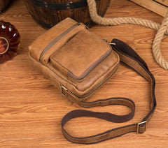 Cool Khaki Leather 10 inches Vertical Side Bag Messenger Bag Tan Courier Bag for Men - imessengerbags