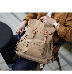 Khaki Retro Canvas Mens Womens Travel Backpack College Backpack Green Canvas School Backpack For Men - imessengerbags