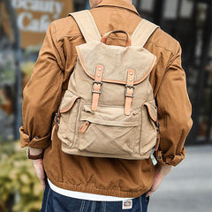 Khaki Retro Canvas Mens Womens Travel Backpack College Backpack Green Canvas School Backpack For Men - imessengerbags