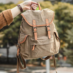 Khaki Retro Canvas Mens Womens Travel Backpack College Backpack Green Canvas School Backpack For Men - imessengerbags
