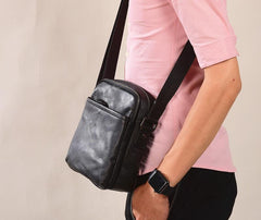 Black Leather Mens Tablet Messenger Bag Small Side Bag Black Shoulder Bag For Men - imessengerbags