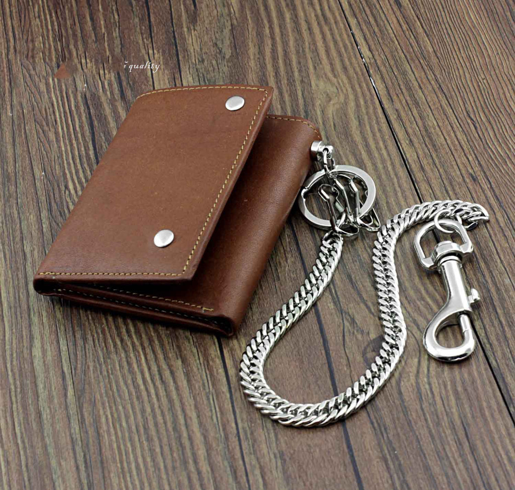 Biker Wallets for Men with Chain - Brown Leather Wallet w/ 12 Credit Card Slots, Money Sleeve, & Zippered Pocket – 100% Leather Slim Trifold Wallets
