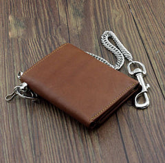 Badass Brown Leather Men's Trifold Small Biker Wallet Chain Wallet Wallet with chain For Men - imessengerbags