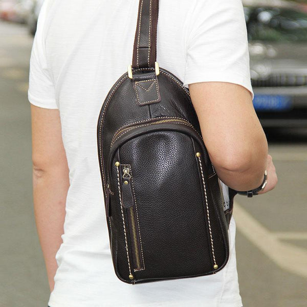 LEATHER MENS COOL SLING BAG Black Coffee CROSSBODY BAG CHEST BAG FOR MEN - imessengerbags