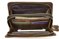 LEATHER MENS Wristlet Wallet Double Zipper Vintage Coffee Clutch FOR MEN