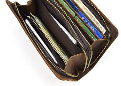 LEATHER MENS Wristlet Wallet Double Zipper Vintage Coffee Clutch FOR MEN