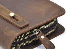 LEATHER MENS Wristlet Wallet Double Zipper Vintage Coffee Clutch FOR MEN