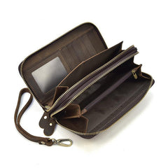 LEATHER MENS Wristlet Wallet Double Zipper Vintage Coffee Clutch FOR MEN