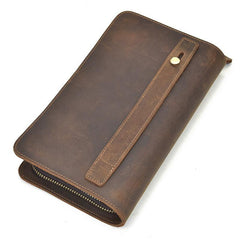 LEATHER MENS Wristlet Wallet Double Zipper Vintage Coffee Clutch FOR MEN