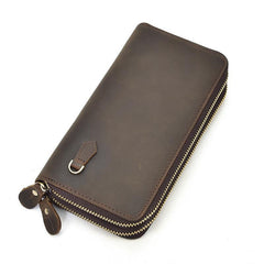 LEATHER MENS Wristlet Wallet Double Zipper Vintage Coffee Clutch FOR MEN