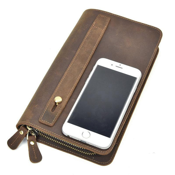 LEATHER MENS Wristlet Wallet Double Zipper Vintage Coffee Clutch FOR MEN - imessengerbags