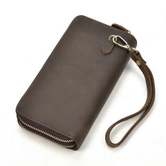 LEATHER MENS Wristlet Wallet Double Zipper Vintage Coffee Clutch FOR MEN