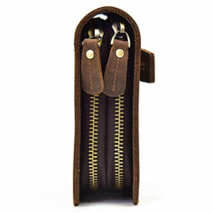 LEATHER MENS Wristlet Wallet Double Zipper Vintage Coffee Clutch FOR MEN