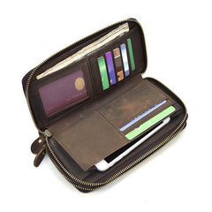 LEATHER MENS Wristlet Wallet Double Zipper Vintage Coffee Clutch FOR MEN