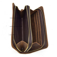 LEATHER MENS Wristlet Wallet Double Zipper Vintage Coffee Clutch FOR MEN
