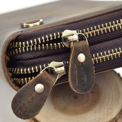 LEATHER MENS Wristlet Wallet Double Zipper Vintage Coffee Clutch FOR MEN