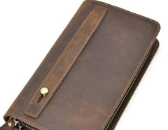 LEATHER MENS Wristlet Wallet Double Zipper Vintage Coffee Clutch FOR MEN
