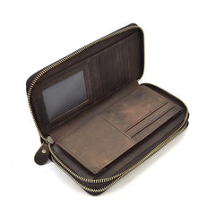 LEATHER MENS Wristlet Wallet Double Zipper Vintage Coffee Clutch FOR MEN