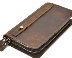 LEATHER MENS Wristlet Wallet Double Zipper Vintage Coffee Clutch FOR MEN