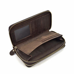 LEATHER MENS Wristlet Wallet Double Zipper Vintage Coffee Clutch FOR MEN