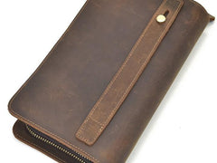 LEATHER MENS Wristlet Wallet Double Zipper Vintage Coffee Clutch FOR MEN