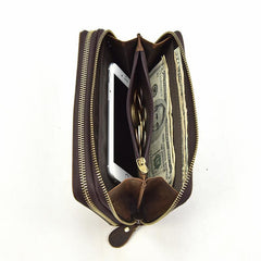 LEATHER MENS Wristlet Wallet Double Zipper Vintage Coffee Clutch FOR MEN