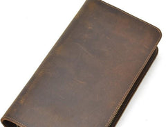 LEATHER MENS Wristlet Wallet Double Zipper Vintage Coffee Clutch FOR MEN