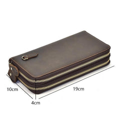 LEATHER MENS Wristlet Wallet Double Zipper Vintage Coffee Clutch FOR MEN