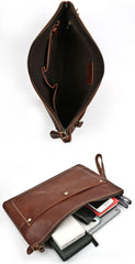 Large Brown MENS LEATHER SLIM ZIPPER CLUTCH Dark Coffee WRISTLET PURSE Envelope Briefcase Bag For Men