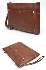 Large Brown MENS LEATHER SLIM ZIPPER CLUTCH Dark Coffee WRISTLET PURSE Envelope Briefcase Bag For Men