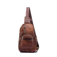 Cool Brown Leather Men's Sling Bag Chest Bag Vintage One Shoulder Backpack For Men - imessengerbags