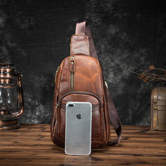 Cool Brown Leather Men's Sling Bag Chest Bag Vintage One Shoulder Backpack For Men - imessengerbags
