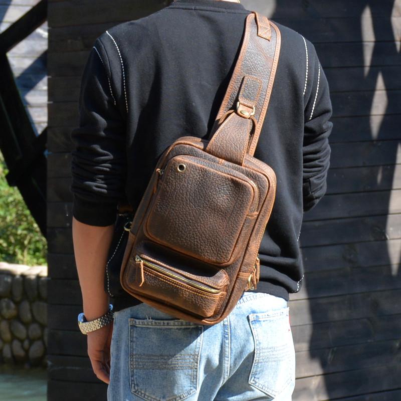 Mens Leather Sling Bag Crossbody Chest Bag Shoulder Bag Backpack