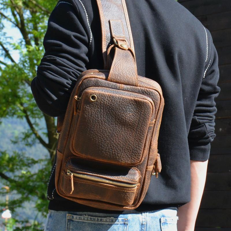 Mens Leather Sling Bag Crossbody Chest Bag Shoulder Bag Backpack