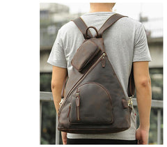 Vintage Large Brown Leather Men's Sling Bag Chest Bag One Shoulder Backpack For Men - imessengerbags